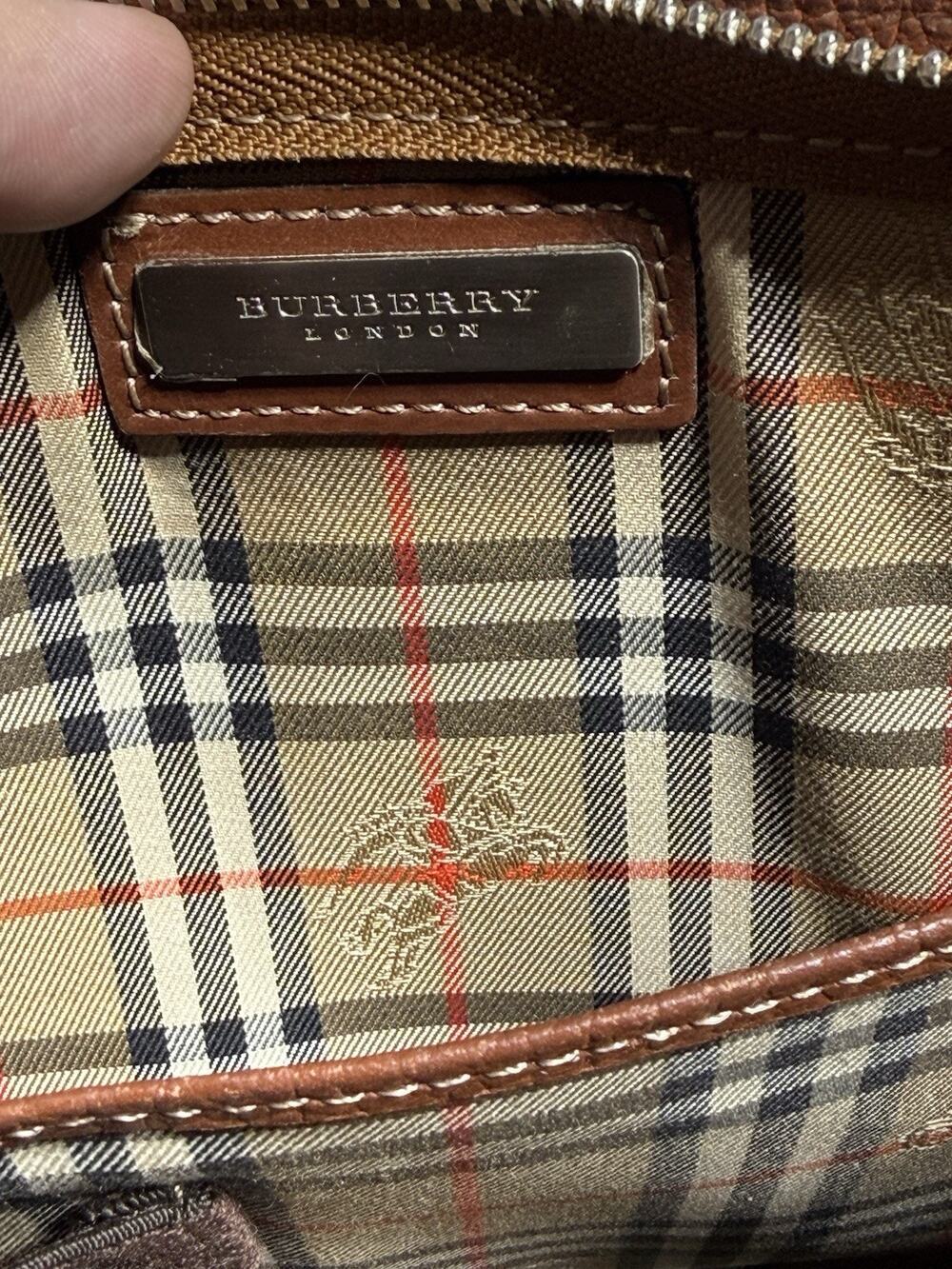 Vintage Burberry Brown Leather Clutch Bag w Nova Check Interior